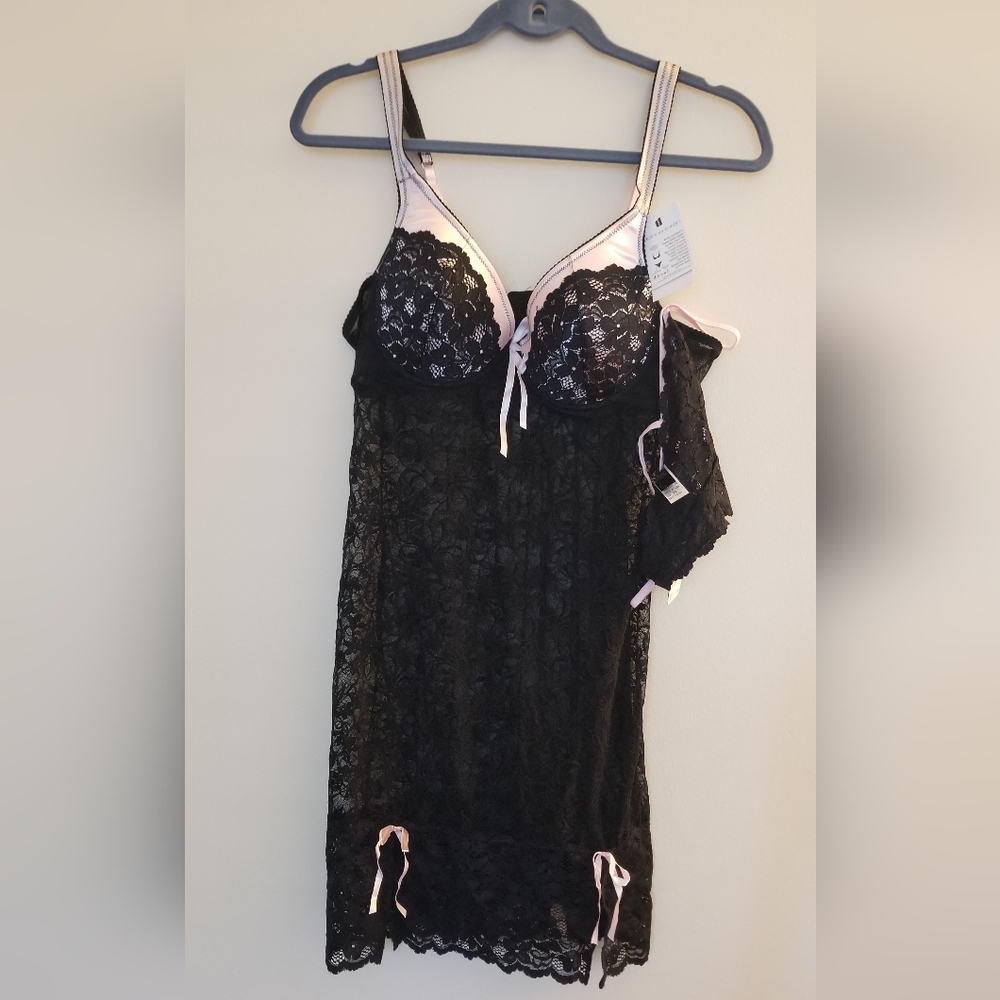 NWT Black Stretch Lace Nightgown Pink Satin Trim w/Panty Sz XL